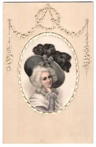 Seiden-AK Dame in Mode des Barock mit Hut