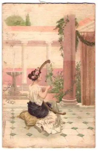 Seiden-AK Junge Frau mit Harfe, Jugendstil