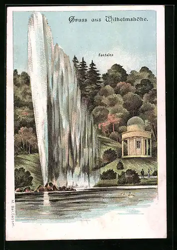 Lithographie Wilhelmshöhe /Kassel, Tempel, Fontaine
