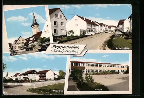 AK Poppenweiler, Kirchpartie, Uhlandstrasse, Schule