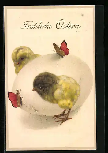 AK Osterküken mit Osterei und Schmetterlingen
