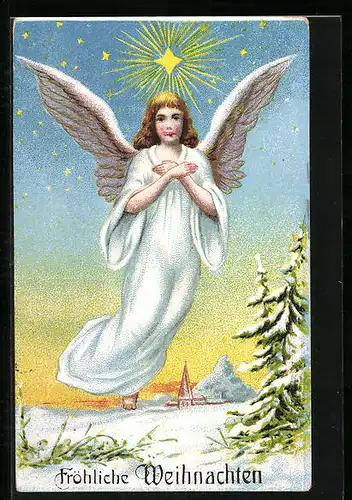 AK Weihnachtsengel schwebt über dem verschneiten Dorf