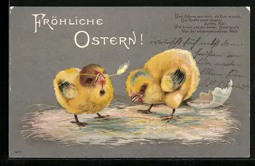 AK Osterküken mit Eierschale