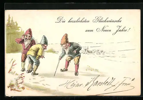AK Zwerge in Schneelandschaft, Glückwunsch zum neuen Jahre