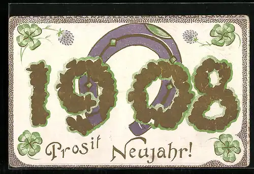 AK Jahreszahl 1908 mit Hufeisen und Glücksklee