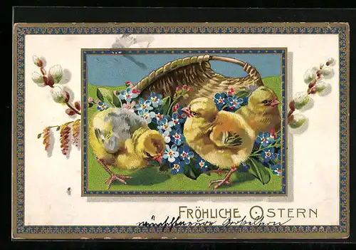 AK Osterküken im Korb mit Vergissmeinnicht