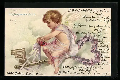 AK Amor verziert einen Schlüssel mit Blumen und Herzen, Der Herzensschlüssel