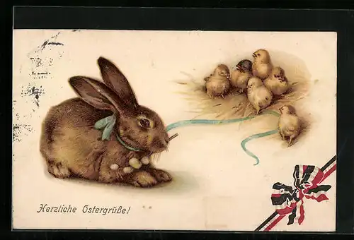 AK Herzliche Ostergrüsse, Osterhase mit Osterküken