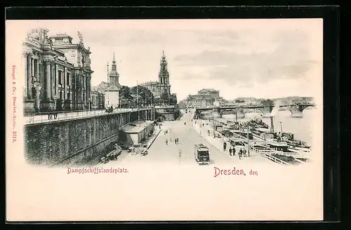 AK Dresden, Strassenpartie mit Dampfschiff-Landeplatz