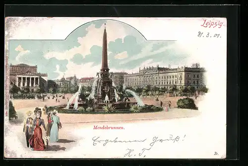 AK Leipzig, Mendebrunnen mit Passanten