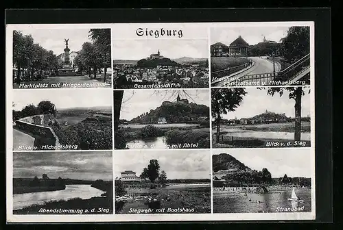 AK Siegburg, Marktplatz mit Kriegerdenkmal, Siegwehr, Strandbad