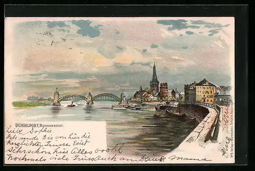Lithographie Düsseldorf, Rheinansicht mit Brücke