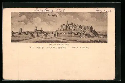 AK Siegburg, Ortsansicht 1575 mit Abtei Michaelsberg u. Kath. Kirche