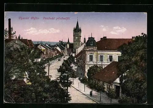 AK Vysoke Myto, Prazske predmesti, Strassenansicht mit Kirchturm