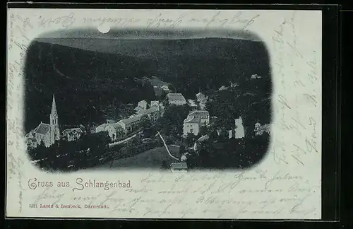 Mondschein-AK Schlangenbad, Ortsansicht aus der Vogelschau