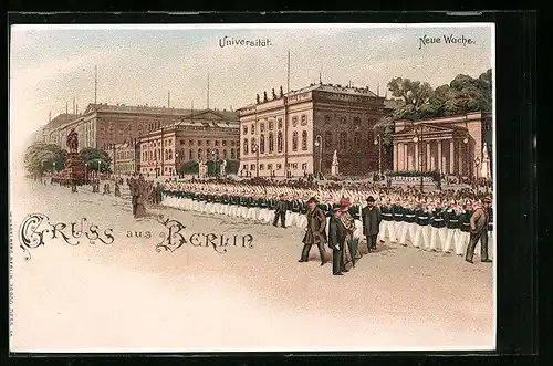 Lithographie Berlin, Militärparade bei der Universität und Neuen Wache