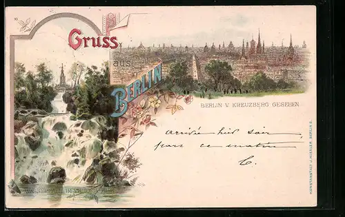 Lithographie Berlin, Ortsansicht v. Kreuzberg aus, Wasserfall im Victoriapark