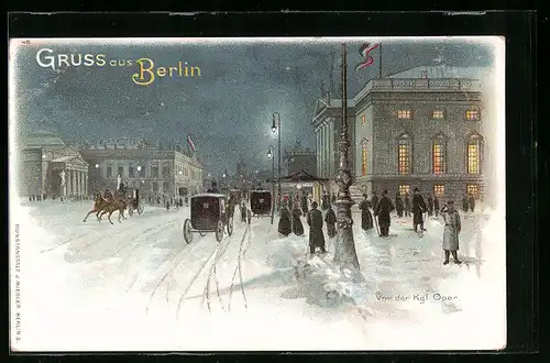 Lithographie Berlin, Unter den Linden vor der Königlichen Oper im Winter
