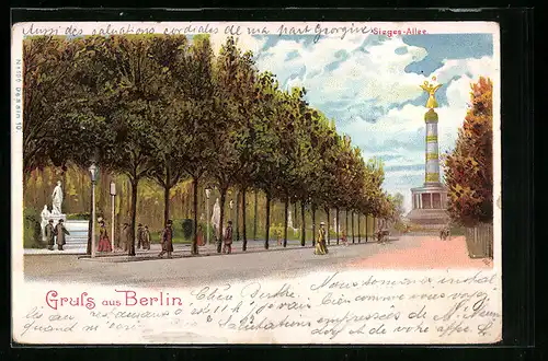 Lithographie Berlin, Sieges-Allee mit Siegessäule