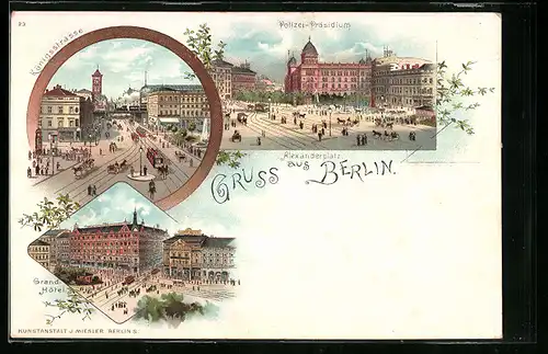 Lithographie Berlin, Polizei-Präsidium, Königsstrasse, Grand-Hotel