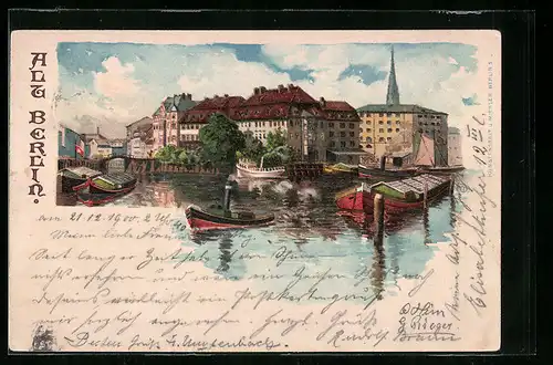 Lithographie Berlin, Uferpartie mit Booten