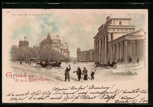 Lithographie Berlin-Tiergarten, Brandenburger Thor und Reichstag