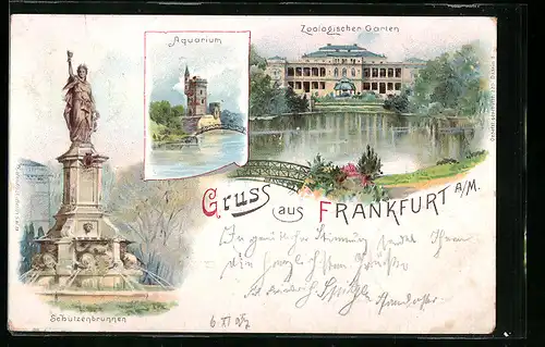 Lithographie Frankfurt-Ostend, Zoologischer Garten, Aquarium, Schützenbrunnen