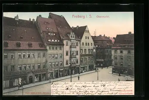 AK Freiberg i. Sa., Obermarkt mit Geschäften, Kaisers Kaffee Geschäft