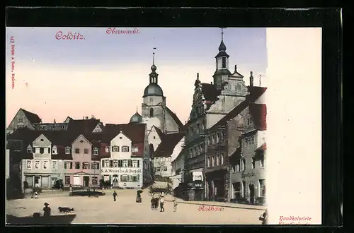 AK Colditz, Obermarkt mit Rathaus