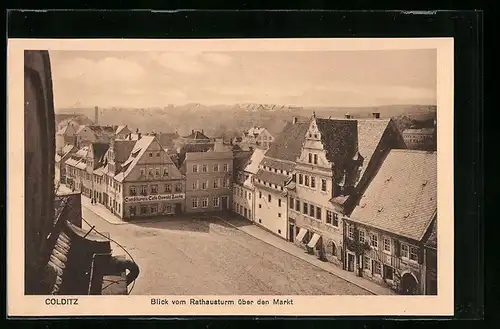 AK Colditz, Blick vom Rathausturm über den Markt
