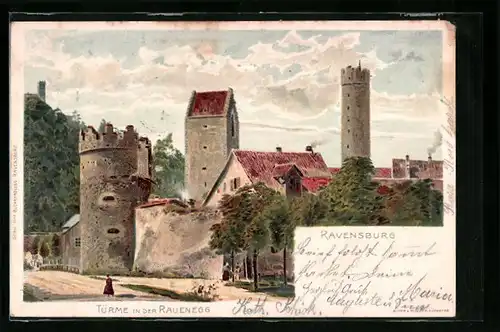 Lithographie Ravensburg, Türme in der Rauenegg