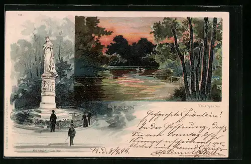 Lithographie Berlin-Tiergarten, Tiergarten, Denkmal von Königin Luise