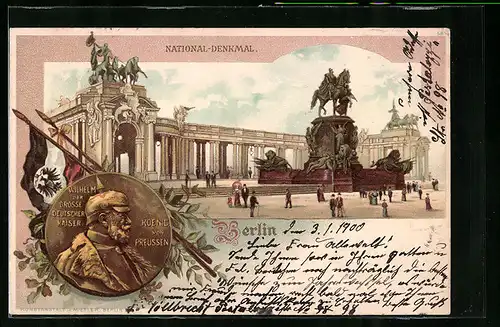 Lithographie Berlin, National-Denkmal mit Münze