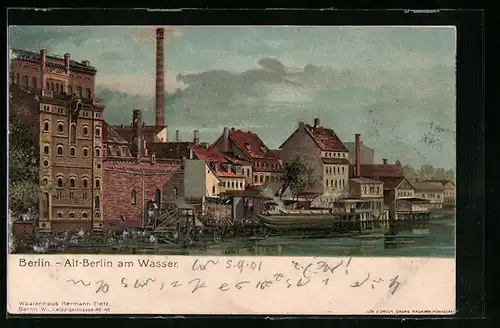 Lithographie Alt-Berlin, Ortspartie am Wasser