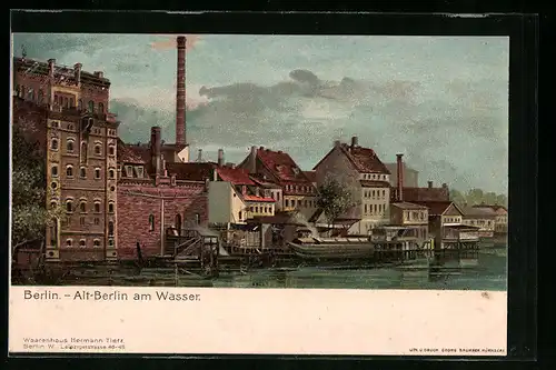 Lithographie Alt-Berlin, Stadtansicht am Wasser