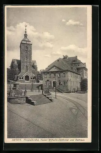 AK Siegen, Nicolaikirche, Kaiser Wilhelm-Denkmal und Rathaus