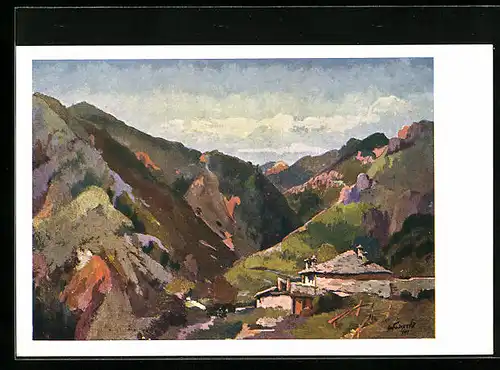 Künstler-AK Sredok, Kleine Siedlung mit Bergpanorama