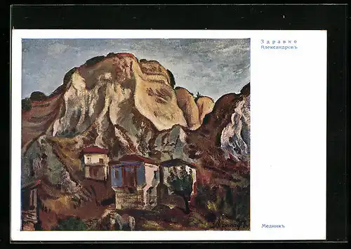 Künstler-AK Melnik, Häuser am Berghang, Mann mit Esel
