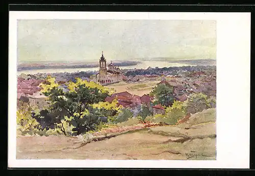 Künstler-AK Swischtow, Gesamtansicht mit Kirche