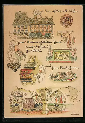 Künstler-AK Saalfeld / Saale, Hotel Anker - Güldne Gans, Innen- und Aussenansicht