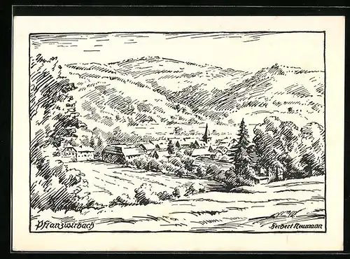 Künstler-AK Pflanzwirbach, Ortsansicht mit Kirche