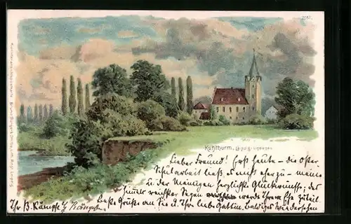 Lithographie Leipzig-Lindenau, Kuhturm mit Kirche