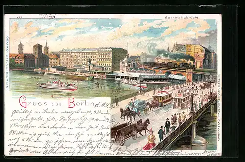 Lithographie Berlin, Jannowitzbrücke mit Pferdebahn