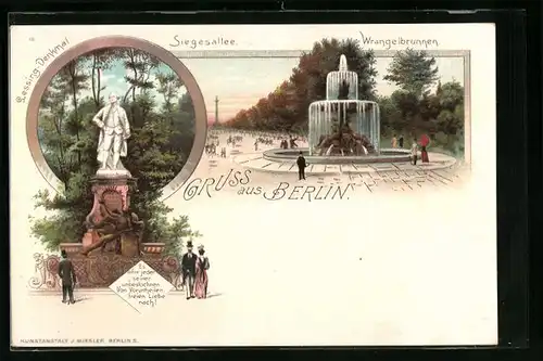 Lithographie Berlin-Tiergarten, Siegesallee mit Wrangelbrunnen, Lessing-Denkmal