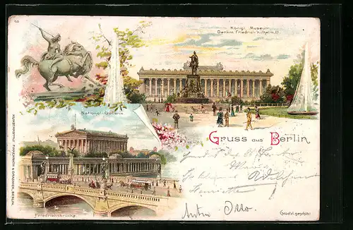 Lithographie Berlin, Königliches Museum mit Denkmal Friedrich Wilhelm III., National-Gallerie und Friedrichsbrücke