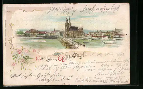 Lithographie Dresden, Altstadt mit Kirche