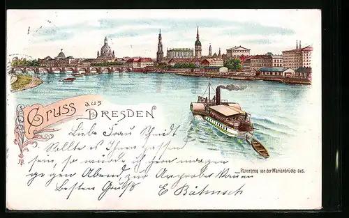 Lithographie Dresden, Panorama mit Dampfer von der Marienbrücke aus