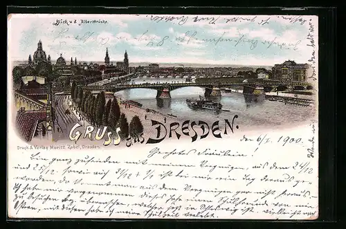 Lithographie Dresden, Blick von der Albertbrücke
