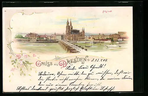 Lithographie Dresden, Altstadt mit Kirche