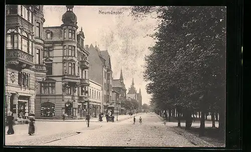 AK Neumünster, Grossflecken-Strasse mit Geschäften